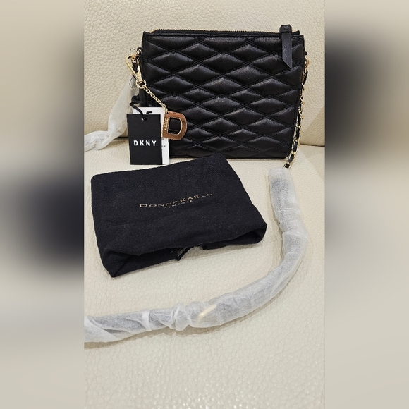 DKNY Lara Double Zip Black 100% Quilted Lamb Leather Crossbody Bag - Picture 2 of 7
